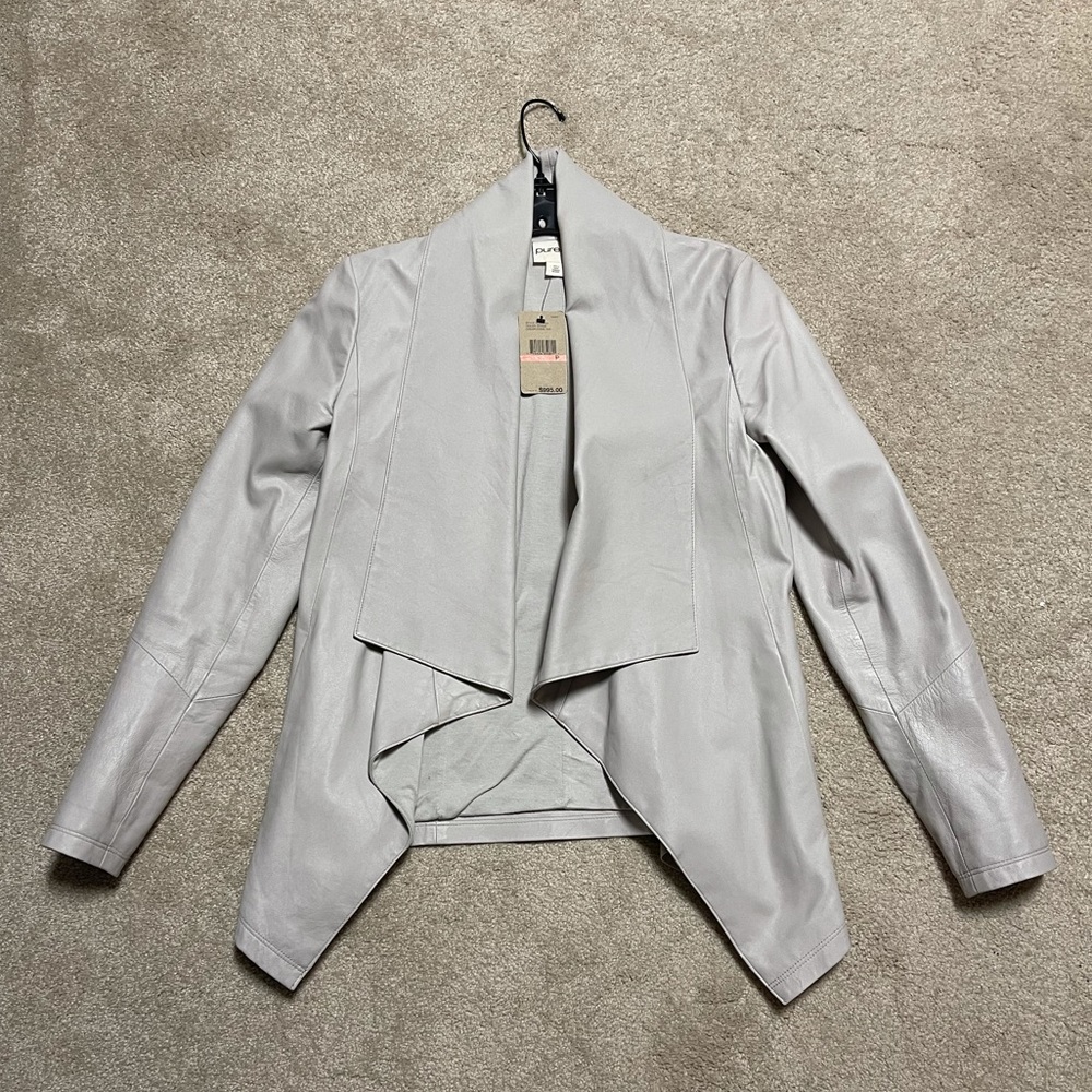 Pure dkny lamb skin leather jacket S draped shawl stone grey beige 4 6 blazer